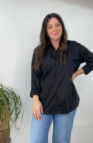 Black Oversized Basic Button Down Blouse