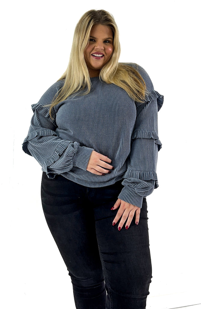 Curvy Ribbed Ruffle Detailed Long Sleeve Top