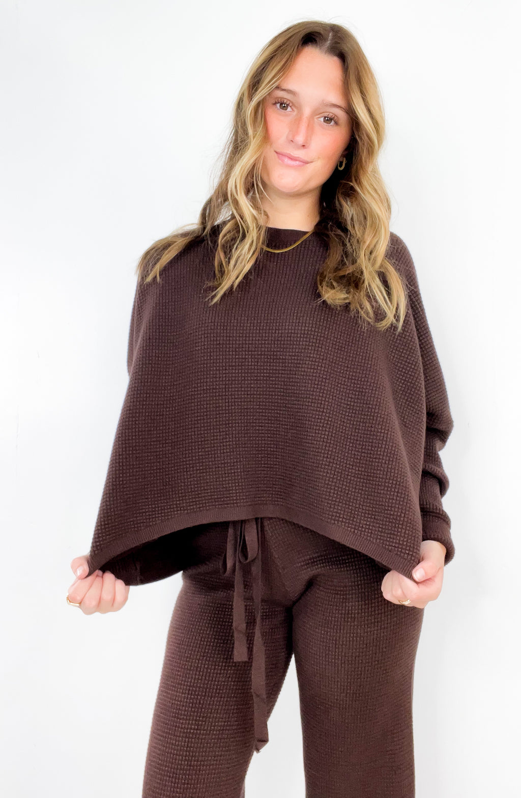 Cacao Waffle Textured Sweater Top