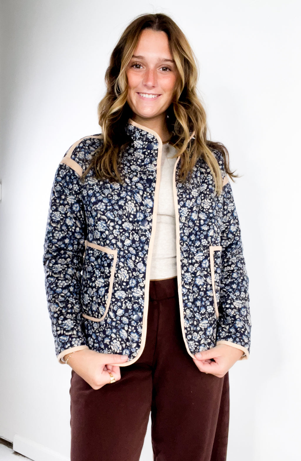 Floral Print Quilted Polar Collar Cotton Jacket