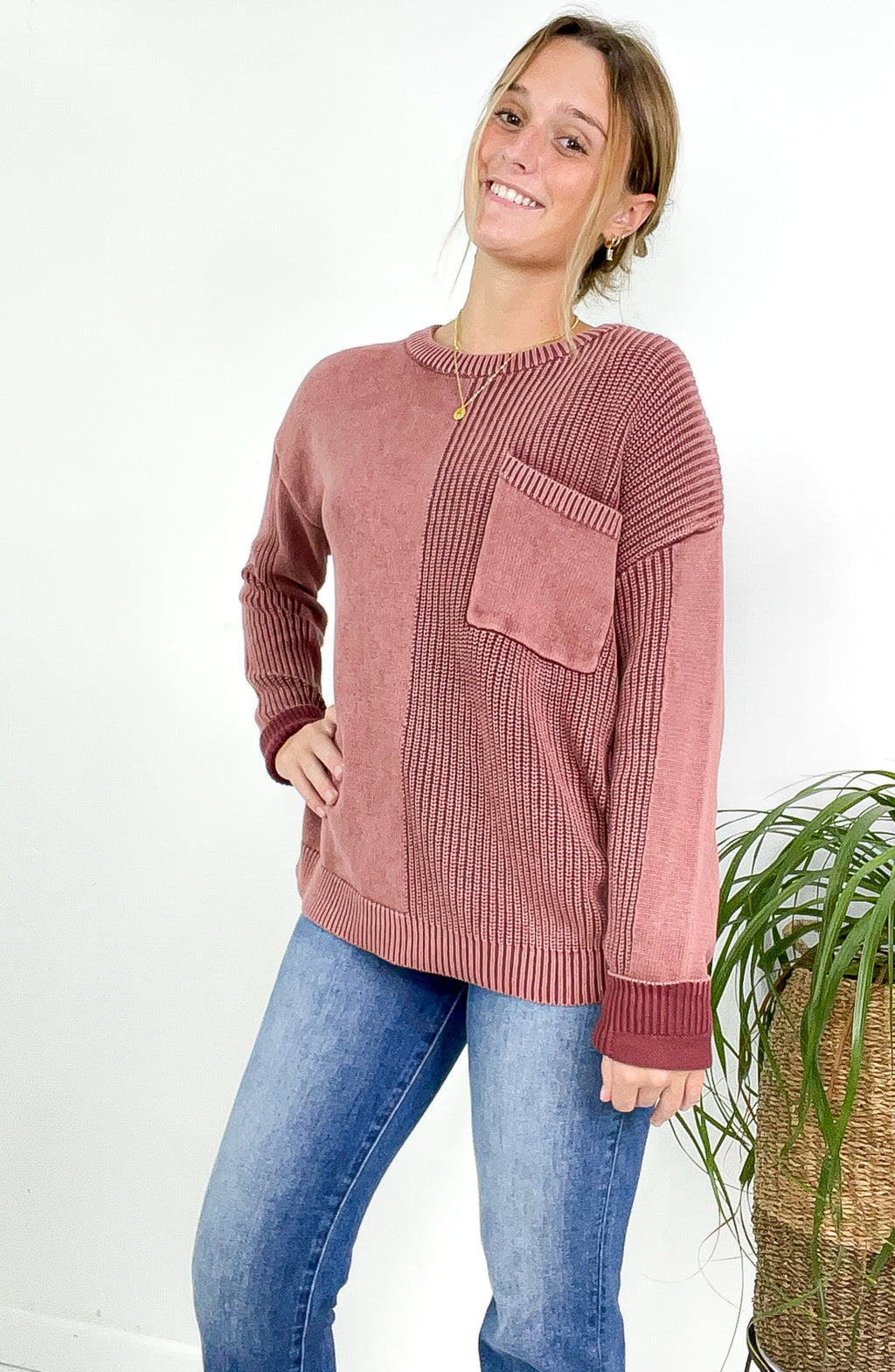 Washed Yarn Textured Pocket Crewneck Sweater