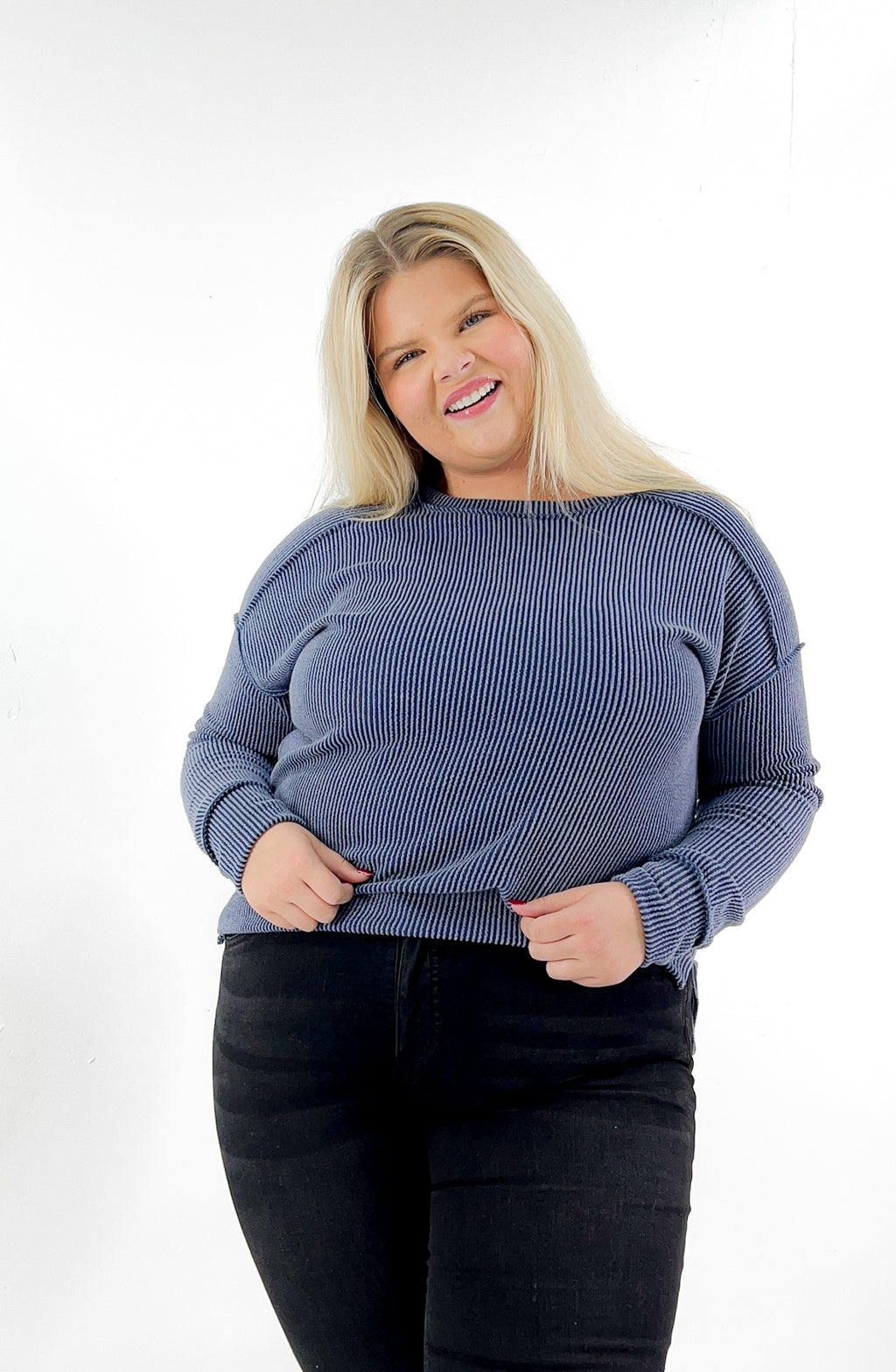 Ribbed Exposed Stitch Long Sleeve Top