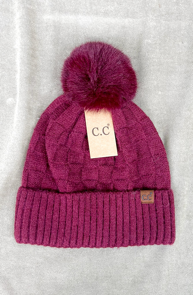 Woven Checkered Texture Pom C.C. Beanie