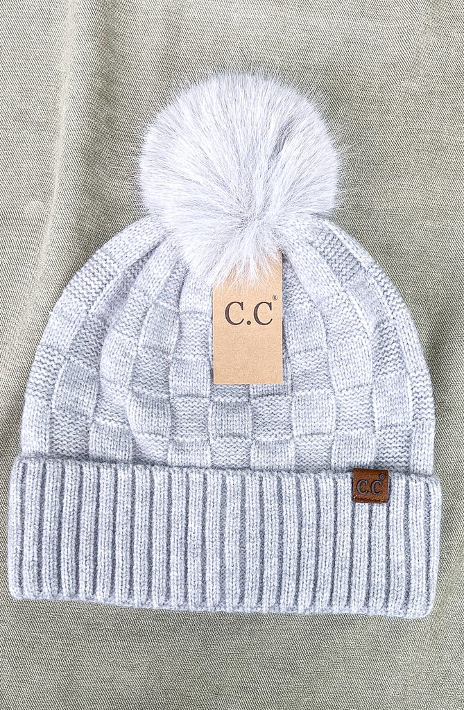 Woven Checkered Texture Pom C.C. Beanie