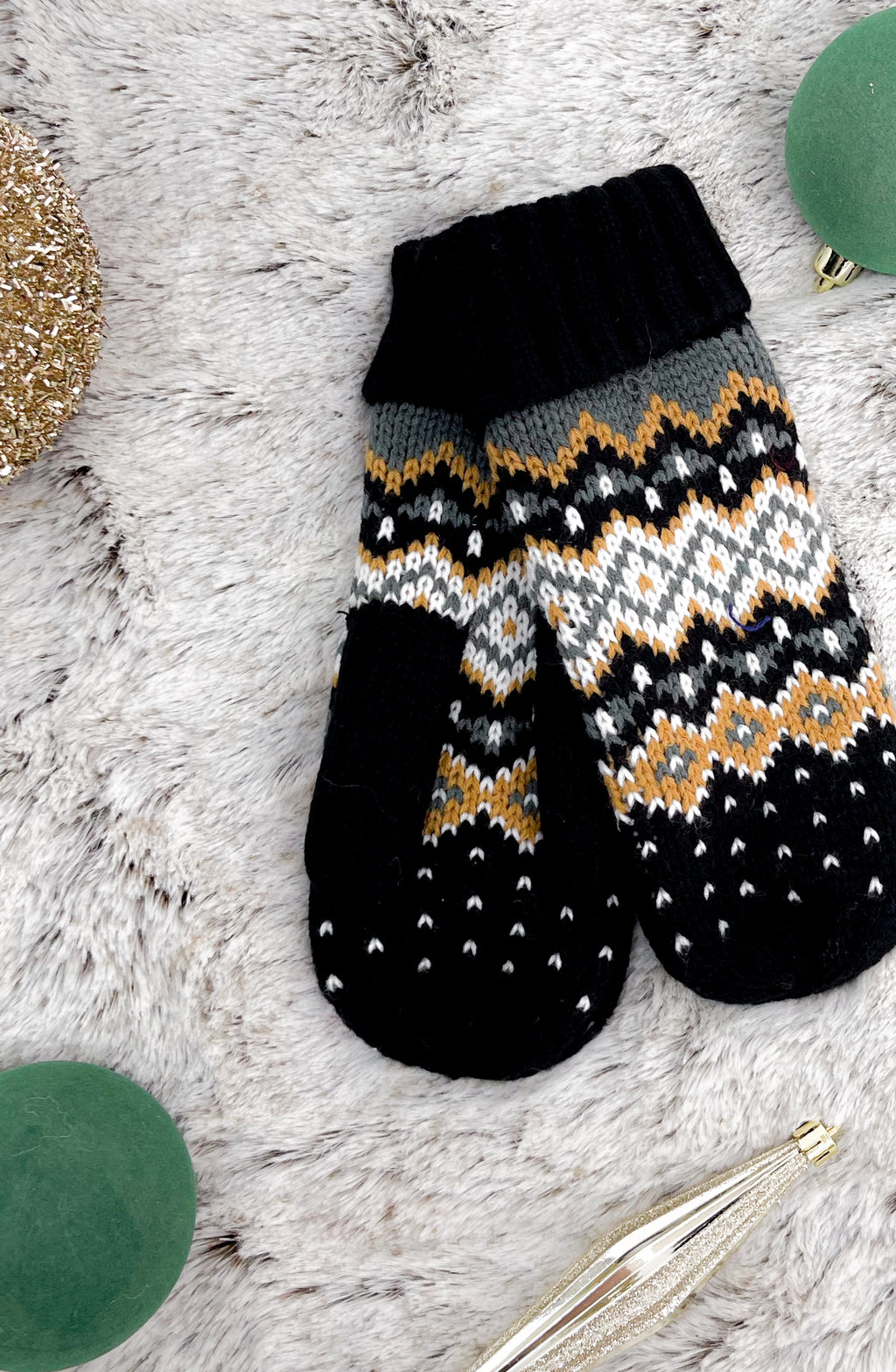 Patterned Mittens | Black, White, Blue & Mustard