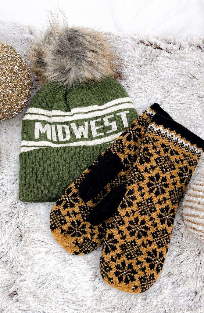 Patterned Pom Hat | Olive Beige Midwest