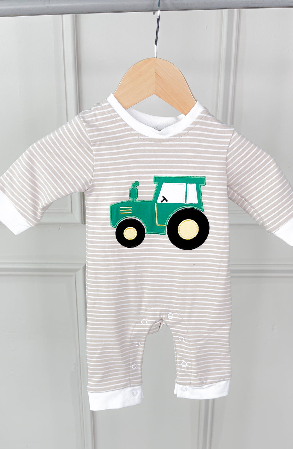 Beige Stripe Tractor Applique Boy's Romper