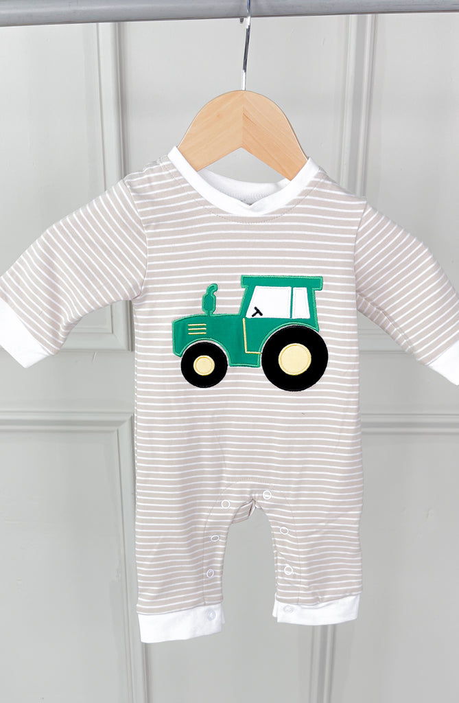 Beige Stripe Tractor Applique Boy's Romper