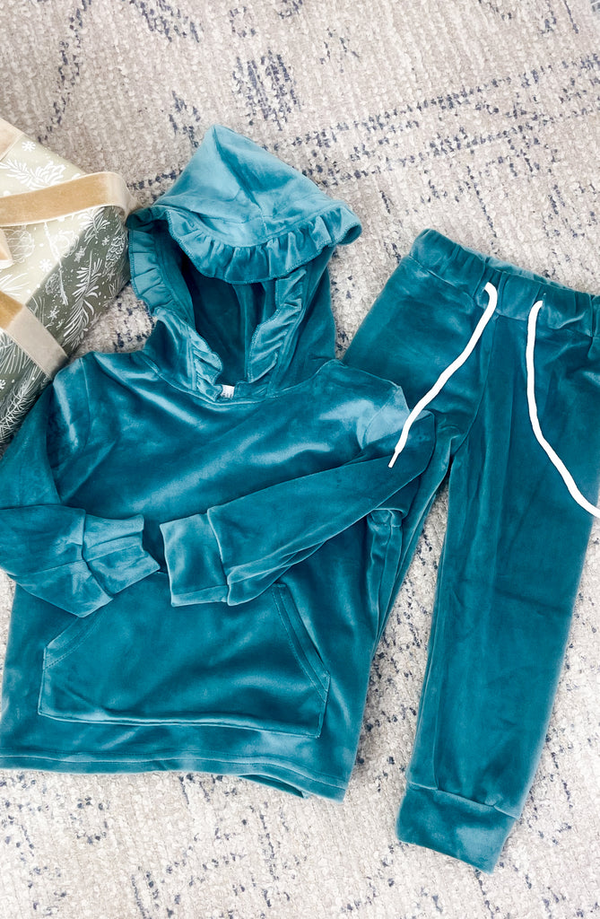 Teal Velvet Girl's Hoodie Set