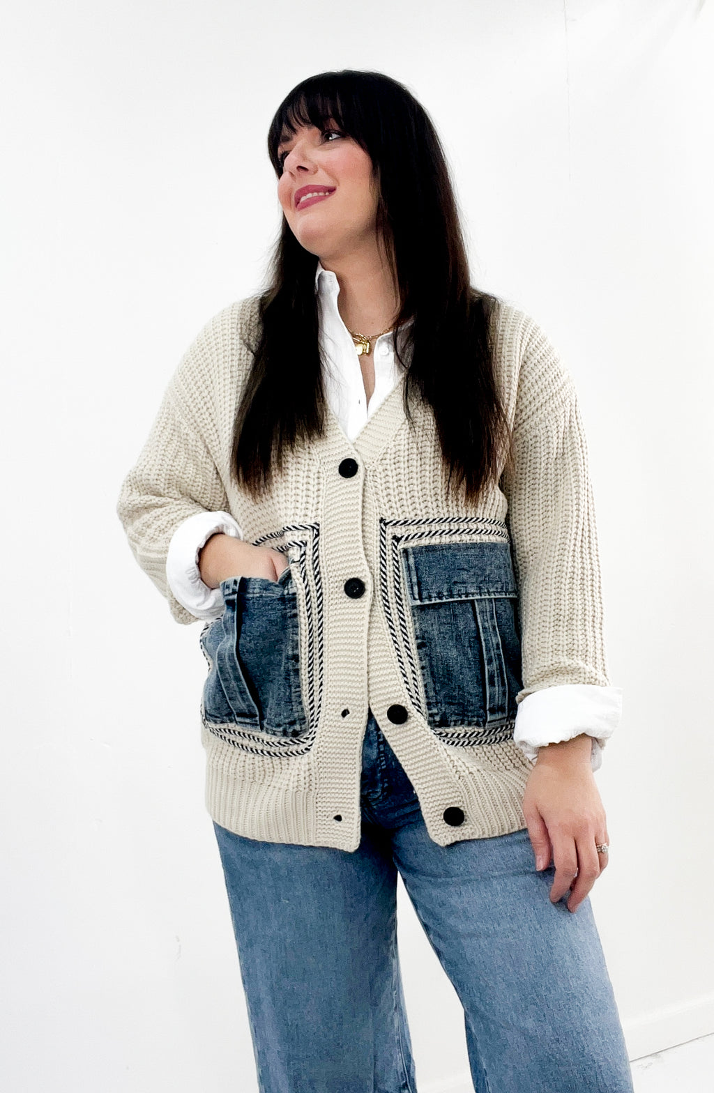 Denim Pocket Knit Cardigan