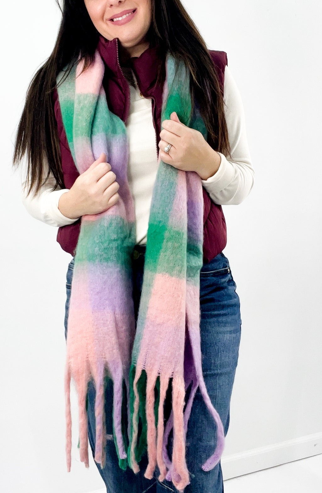 Plaid Pattern Fringe Trimmed Scarf