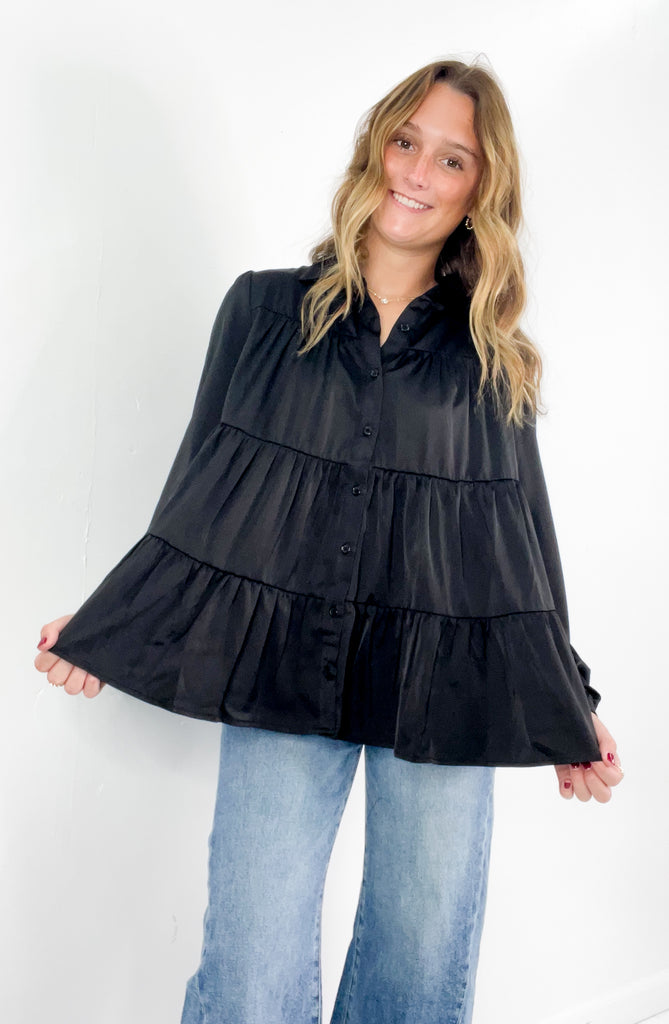 Long Sleeve Tiered Babydoll Satin Blouse