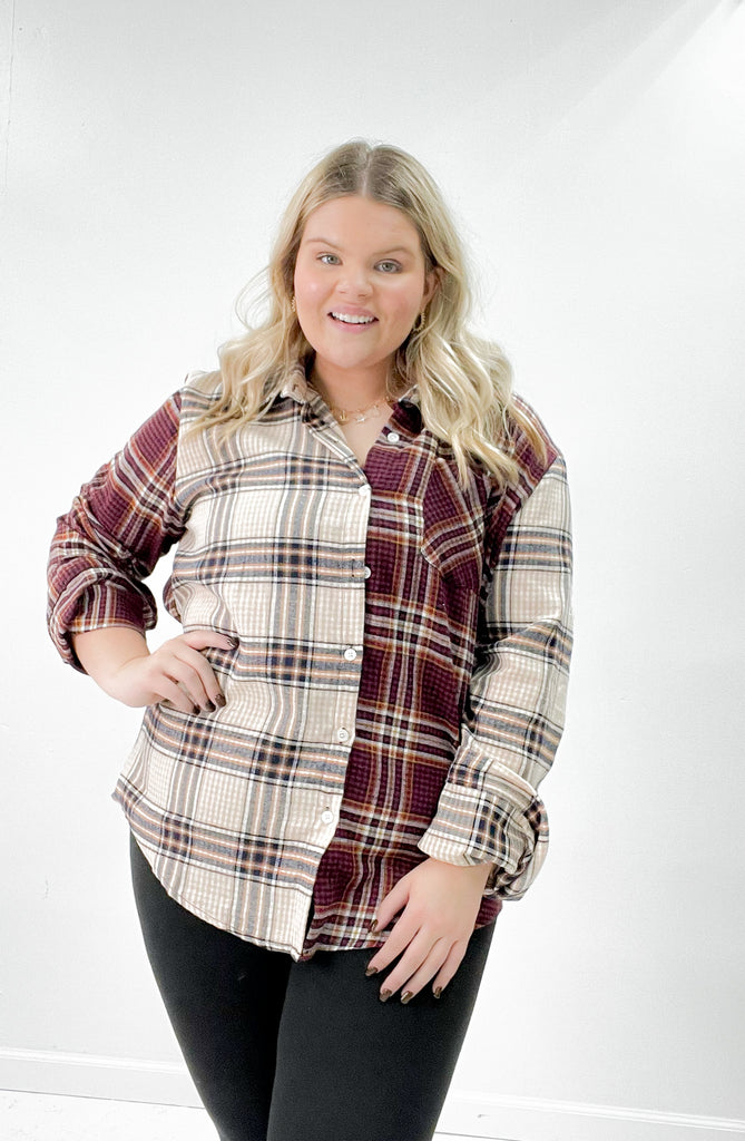 Multi Plaid Colorblock Button Down Curvy Shirt