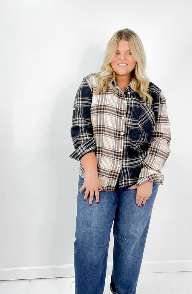 Multi Plaid Colorblock Button Down Curvy Shirt