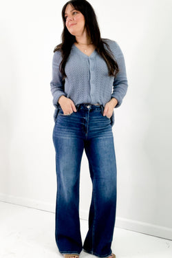 Risen High Rise Dark Wash Wide Leg Jeans