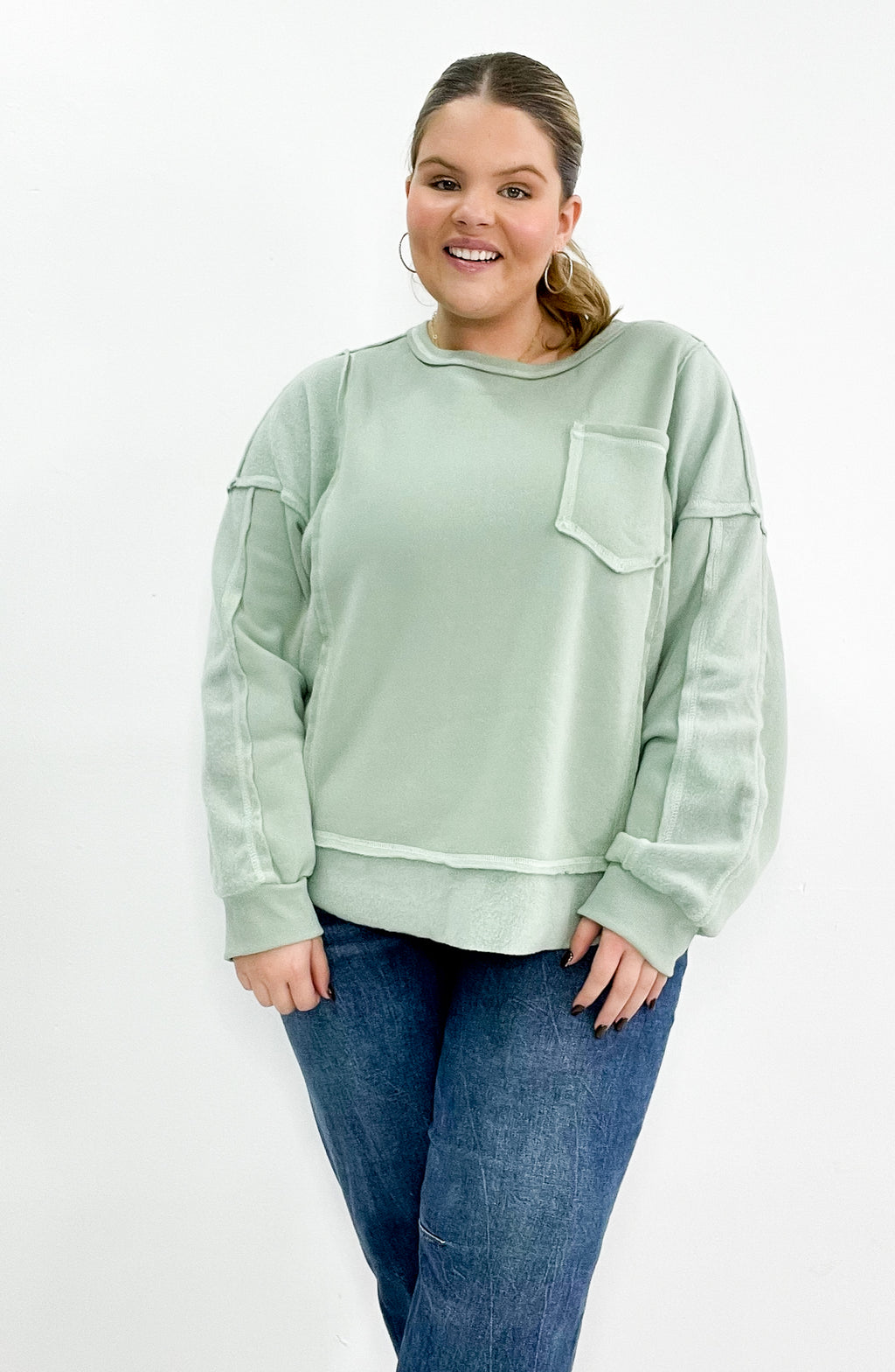 Oversize Terry Knit Contrast Curvy Pullover