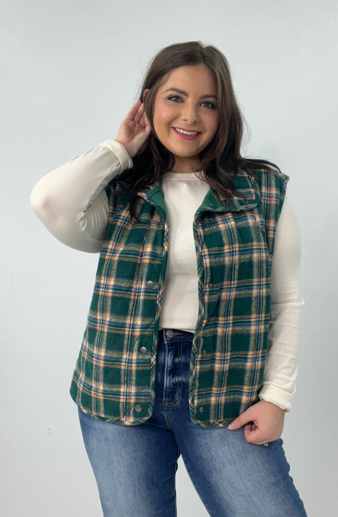 Snap Button Plaid Puffer Vest