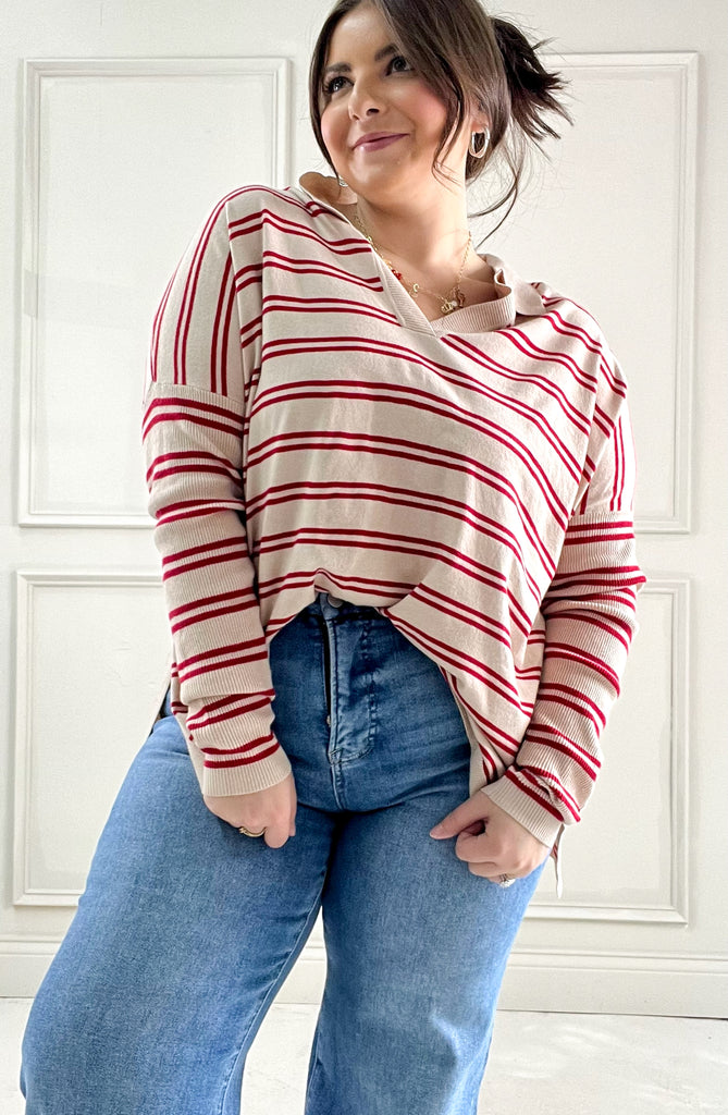 Red Striped Long Sleeve Collared Top