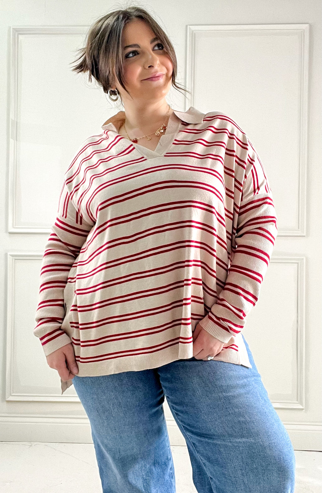 Red Striped Long Sleeve Collared Top