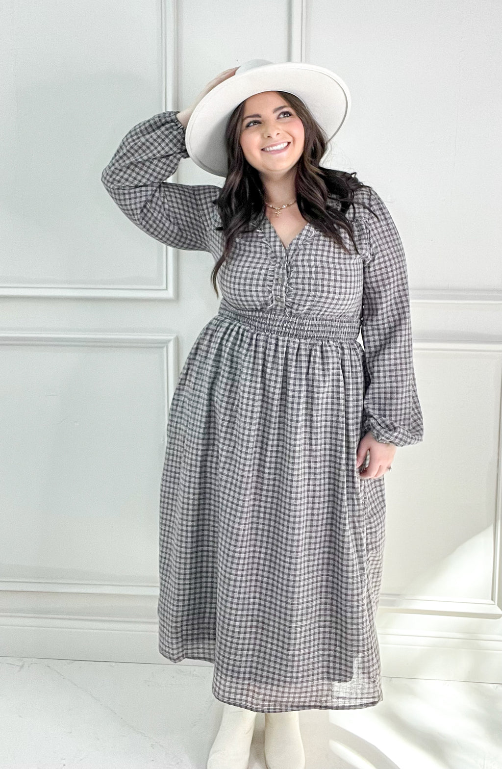 My Fair Lady Long Sleeve Plaid Midi Dress