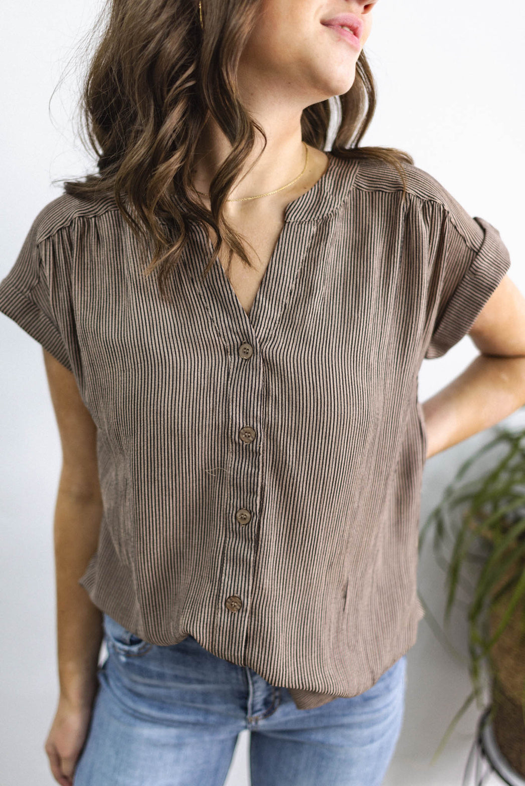 All This Time Pinstripe Short Sleeve Cuff Blouse