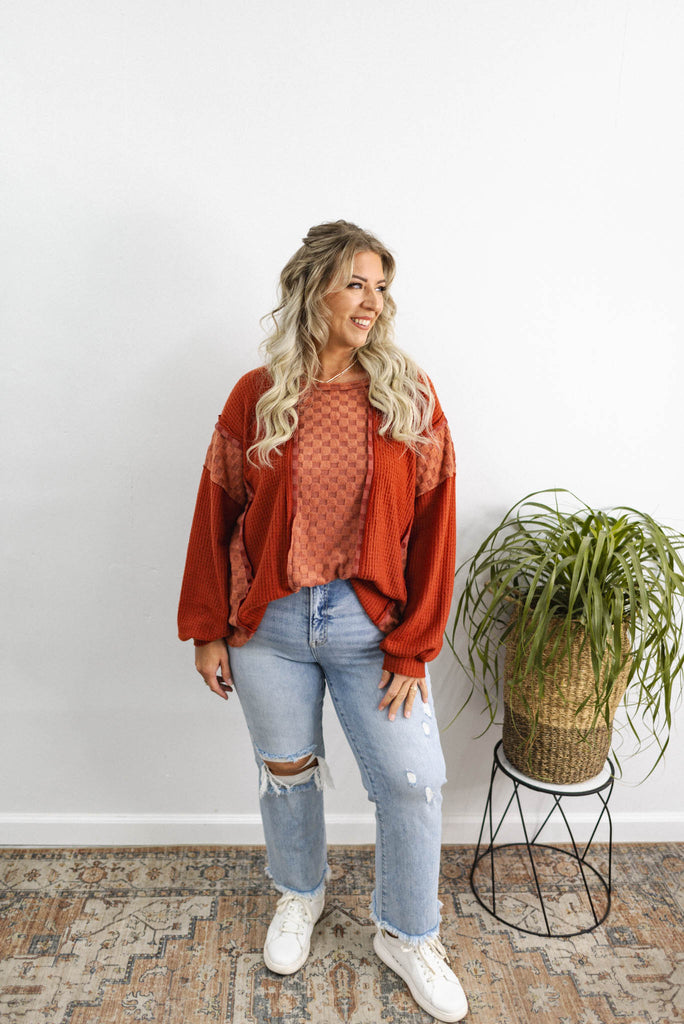 Checking In Waffle Combo Pullover Top