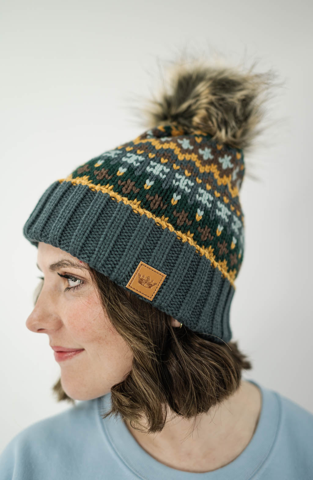 Patterned Pom Hat | Dusty Blue Multi