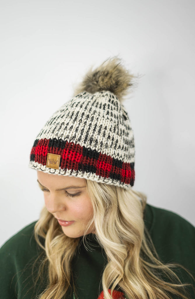 Patterned Pom Hat | Red Plaid Trim