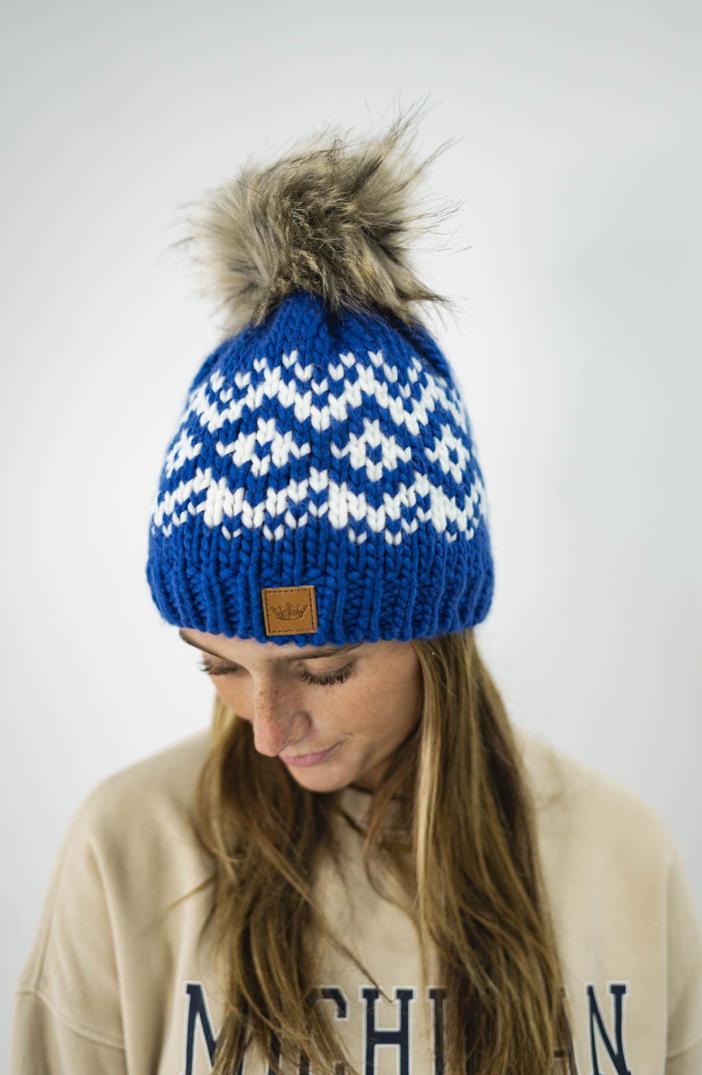 Patterned Pom Hat | Blue & White