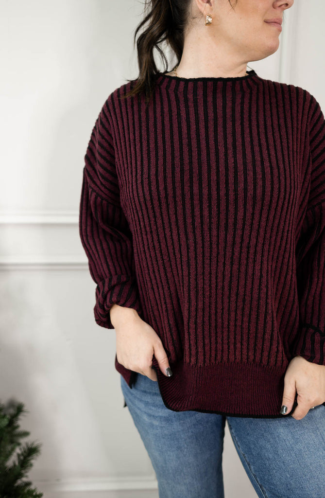 Two Tone Ribbed Long Sleeve Sweater