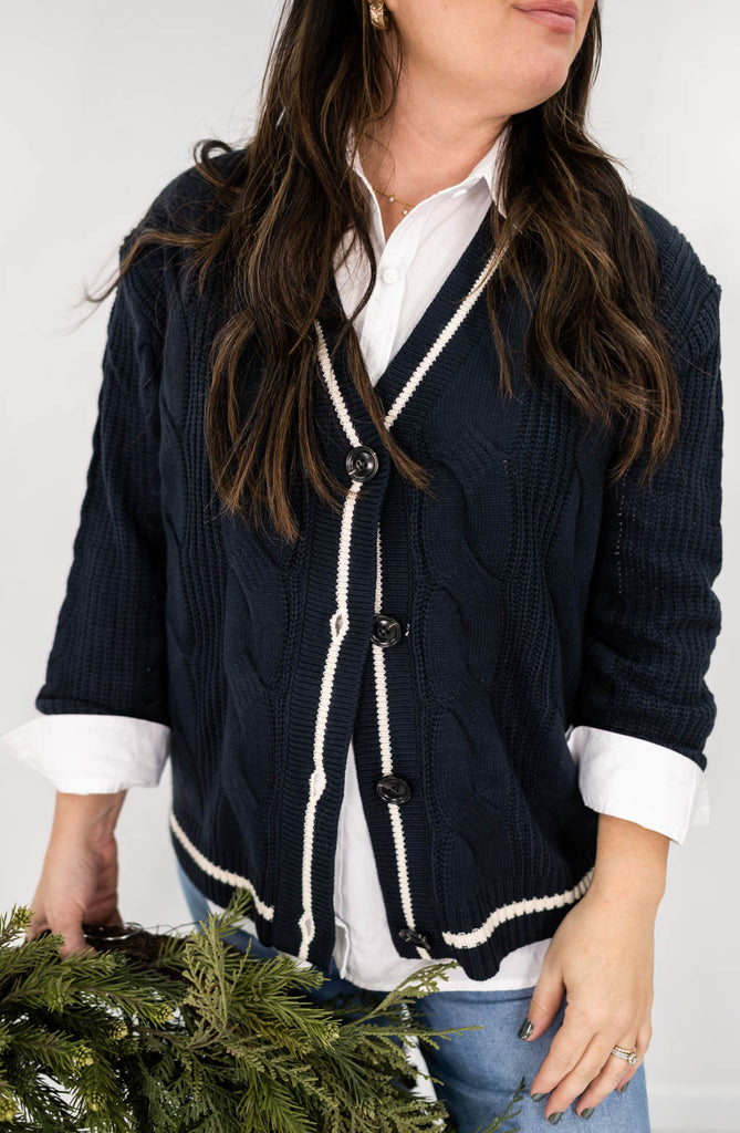 Varsity Style Cable Knit Sweater Cardigan