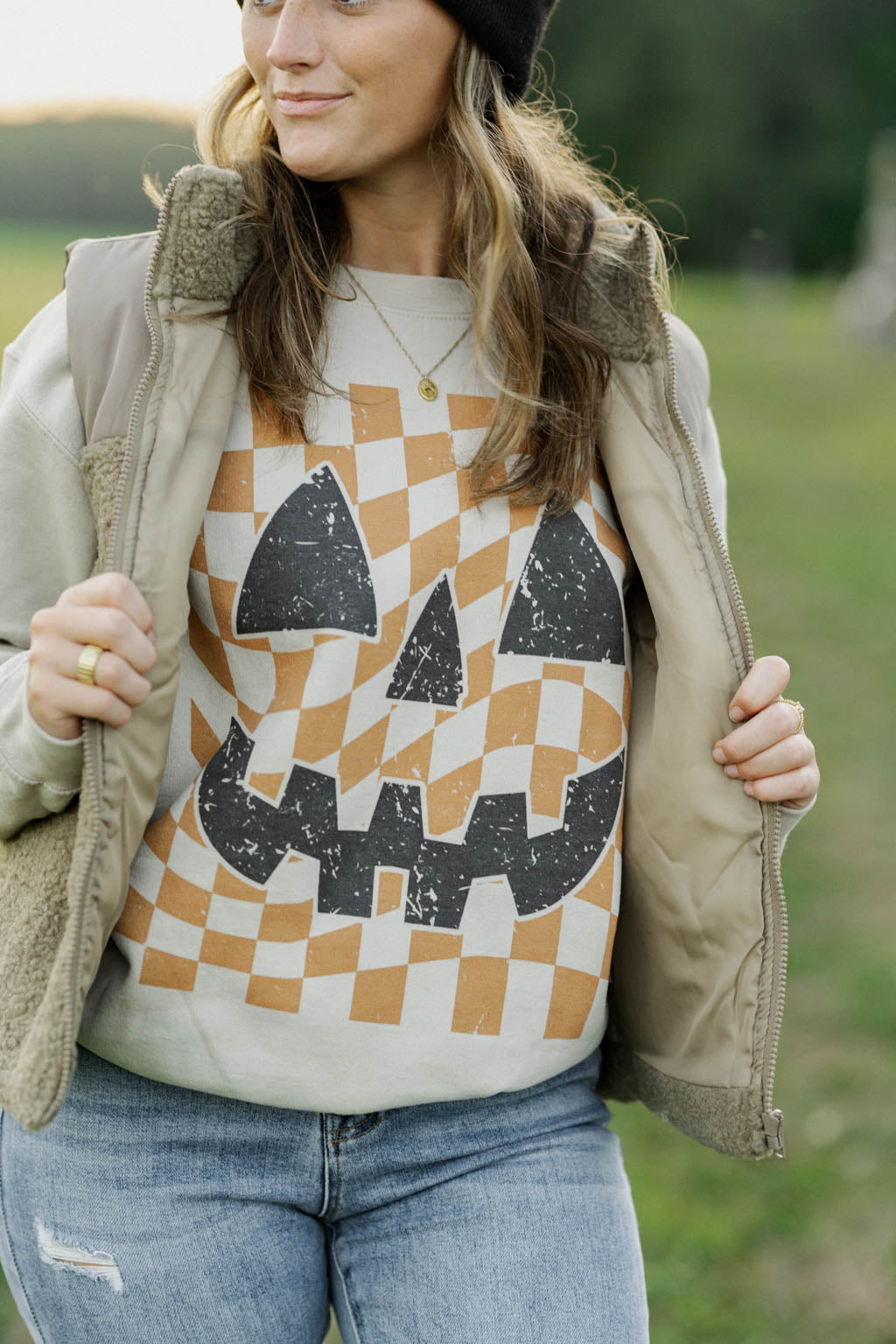 Checker Pumpkin Face Graphic Sweatshirt