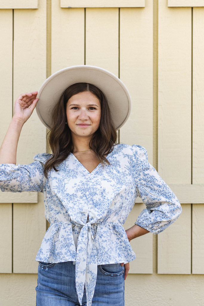 Blue Sky Fields Floral Front Tie Top