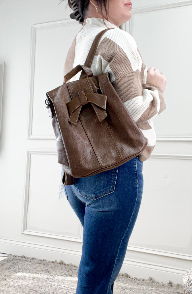 Brown Leather Bow Accent Backpack Bag