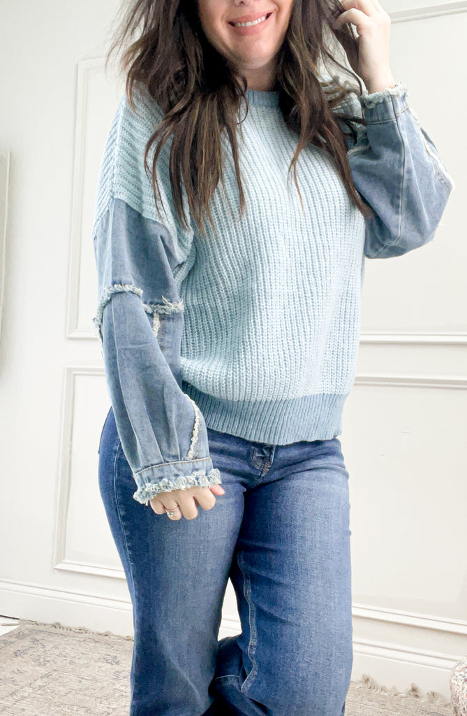 Frayed Denim Sleeve Sweater