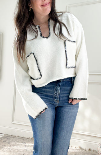 Contrast Stitch V-Neck Pocket Sweater