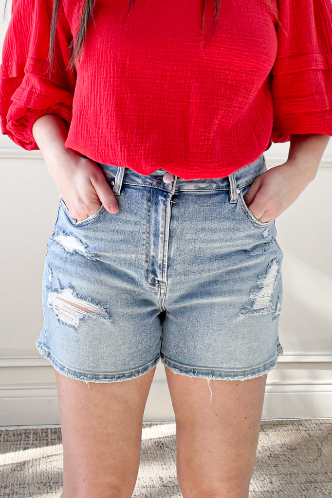 Risen Hi-Rise Distressed Side Slit Shorts