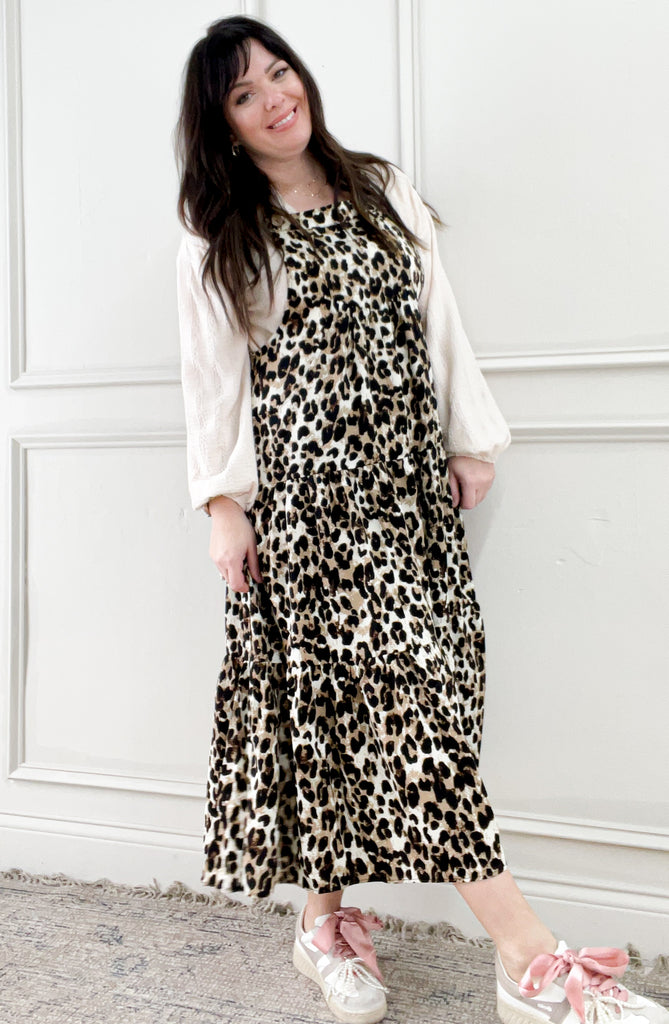 Leopard Print Tiered Overall Midi Dress