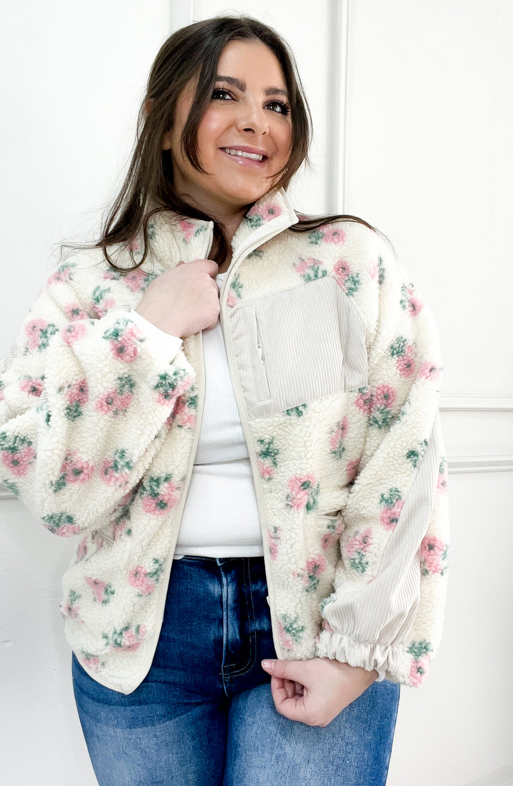 Floral Printed Fleece Sherpa Jacket