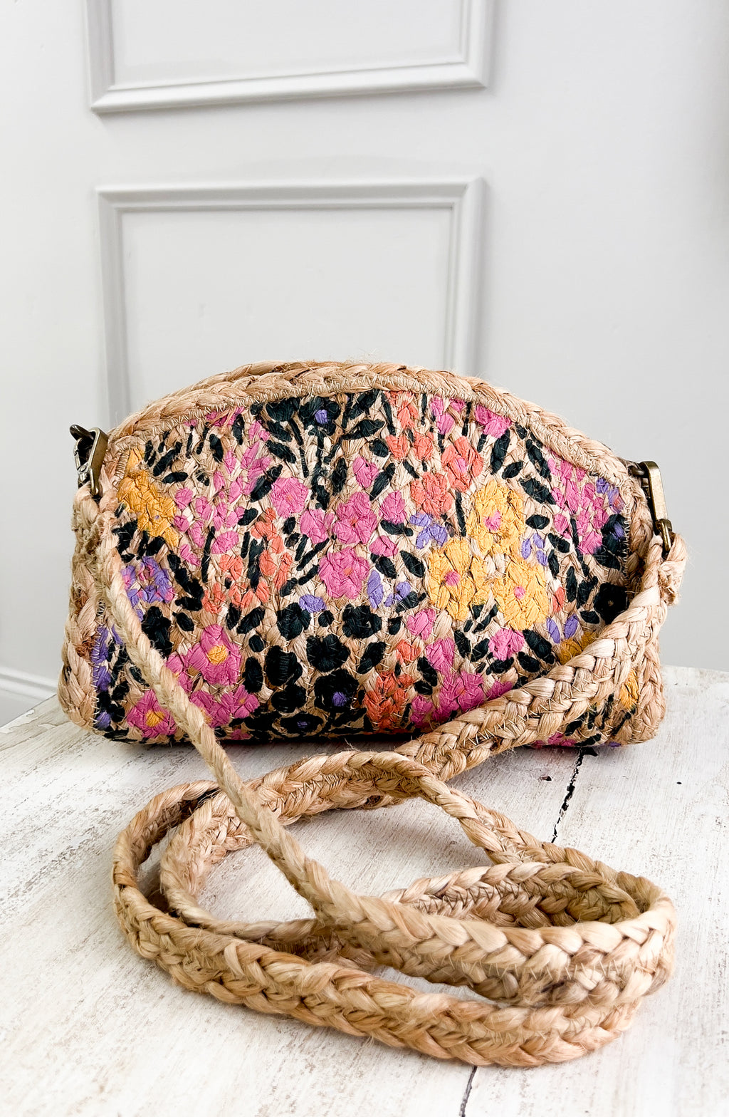 Multi Painted Floral Jute Crossbody Bag